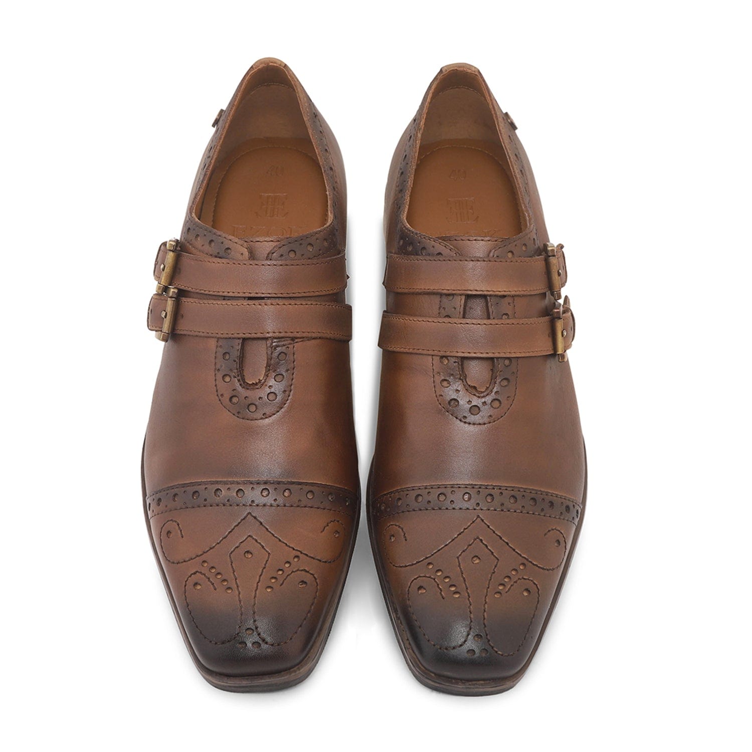 Ezok Men Brown Double Monk Strap Shoes