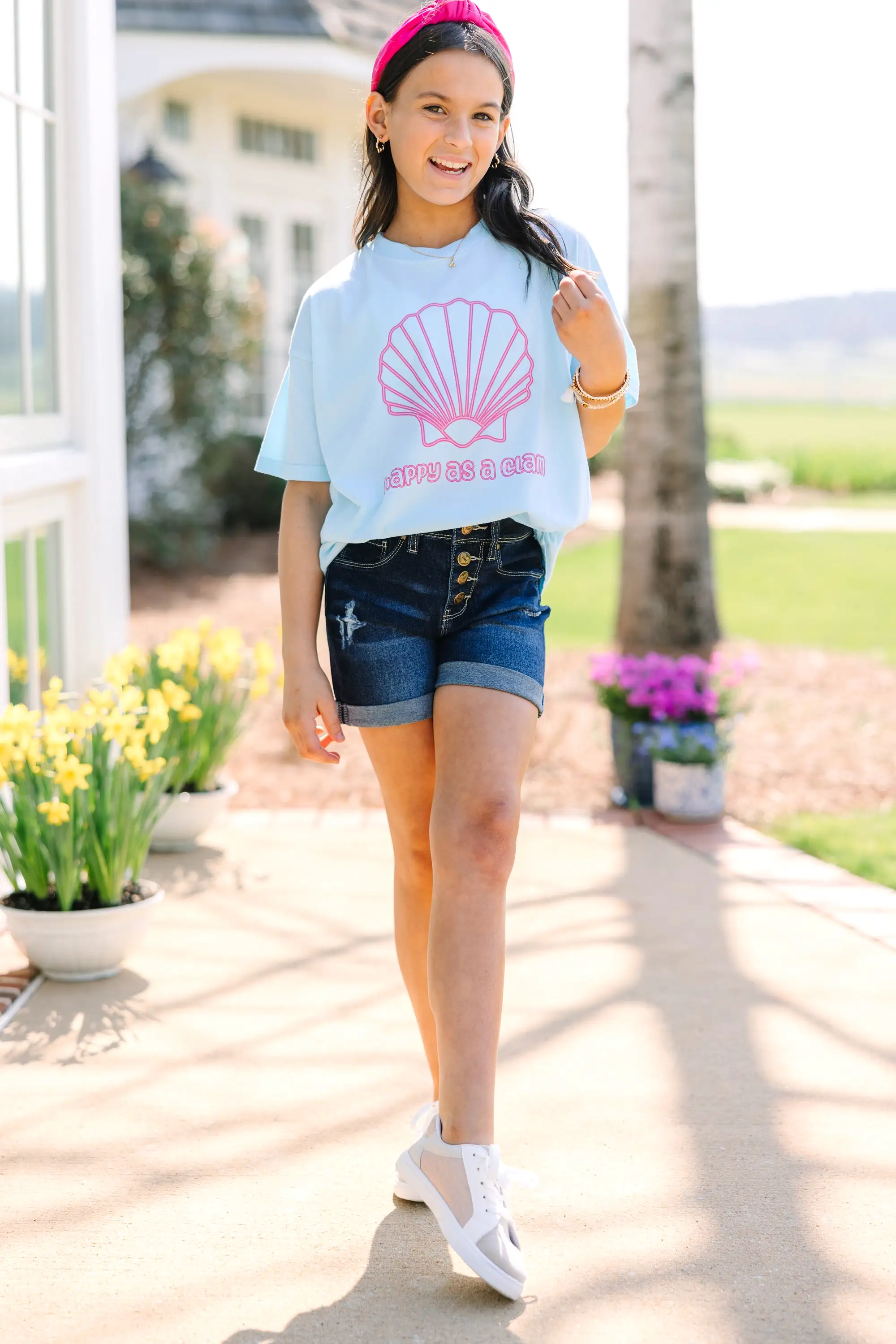 Girls: Happy As A Clam Blue Oversized Graphic Tee