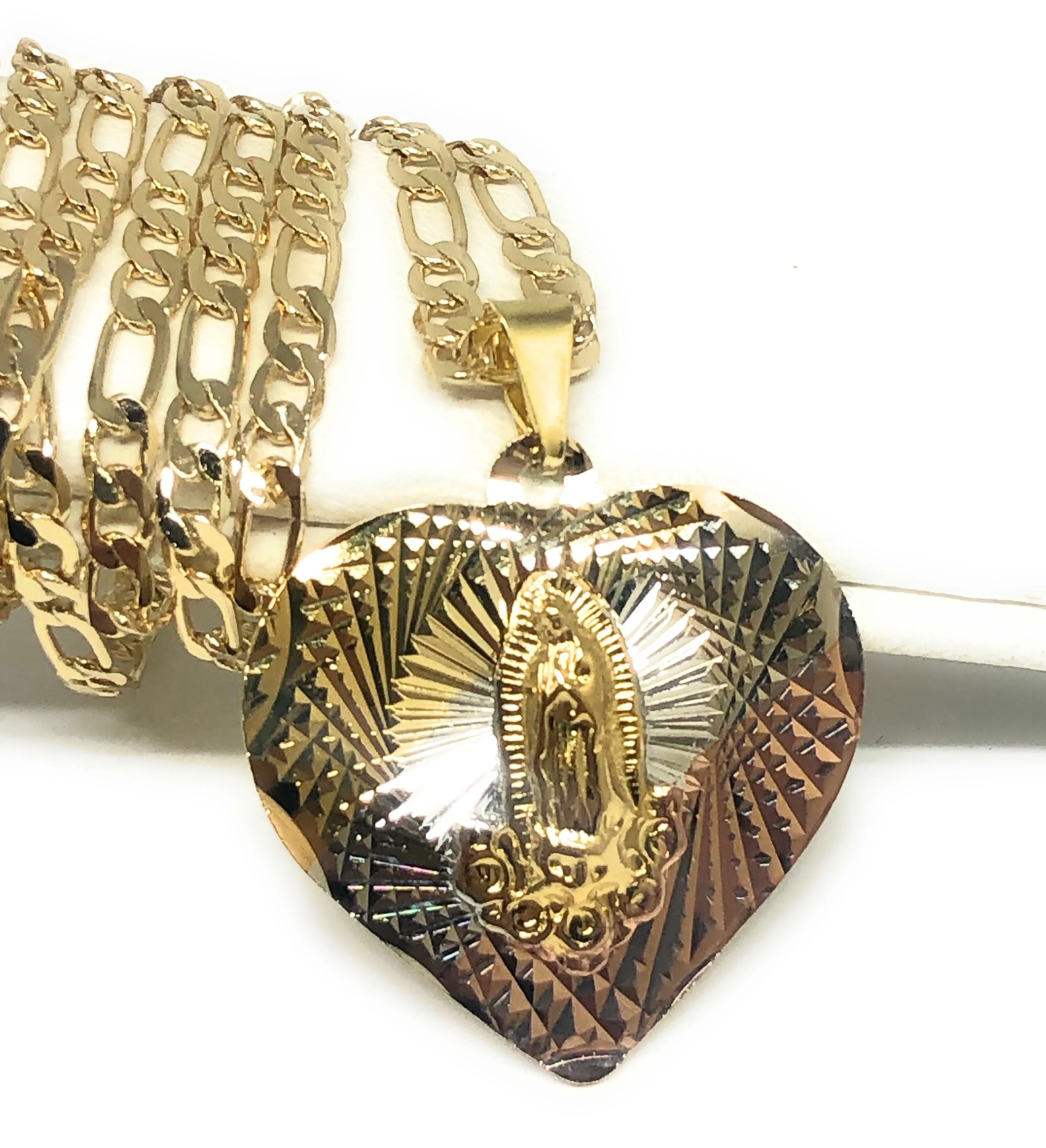 Gold Plated Tri-Color Virgin Mary Laser Cut Heart Pendant Necklace Figaro 24 Virgen de Guadalupe Medalla