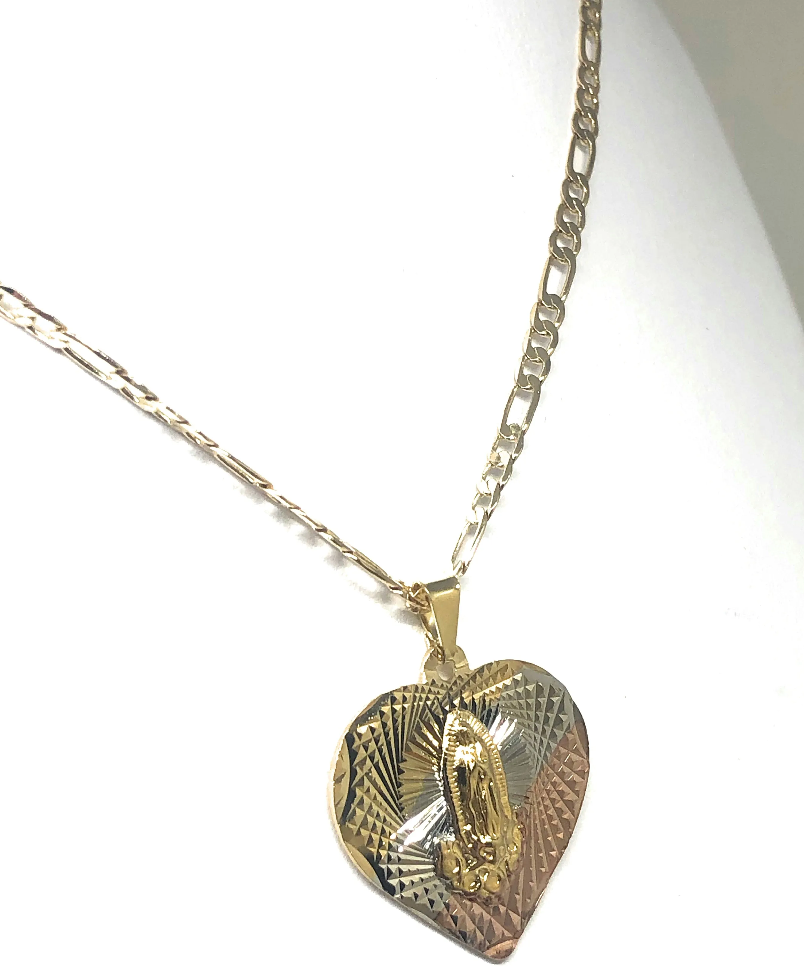 Gold Plated Tri-Color Virgin Mary Laser Cut Heart Pendant Necklace Figaro 24 Virgen de Guadalupe Medalla