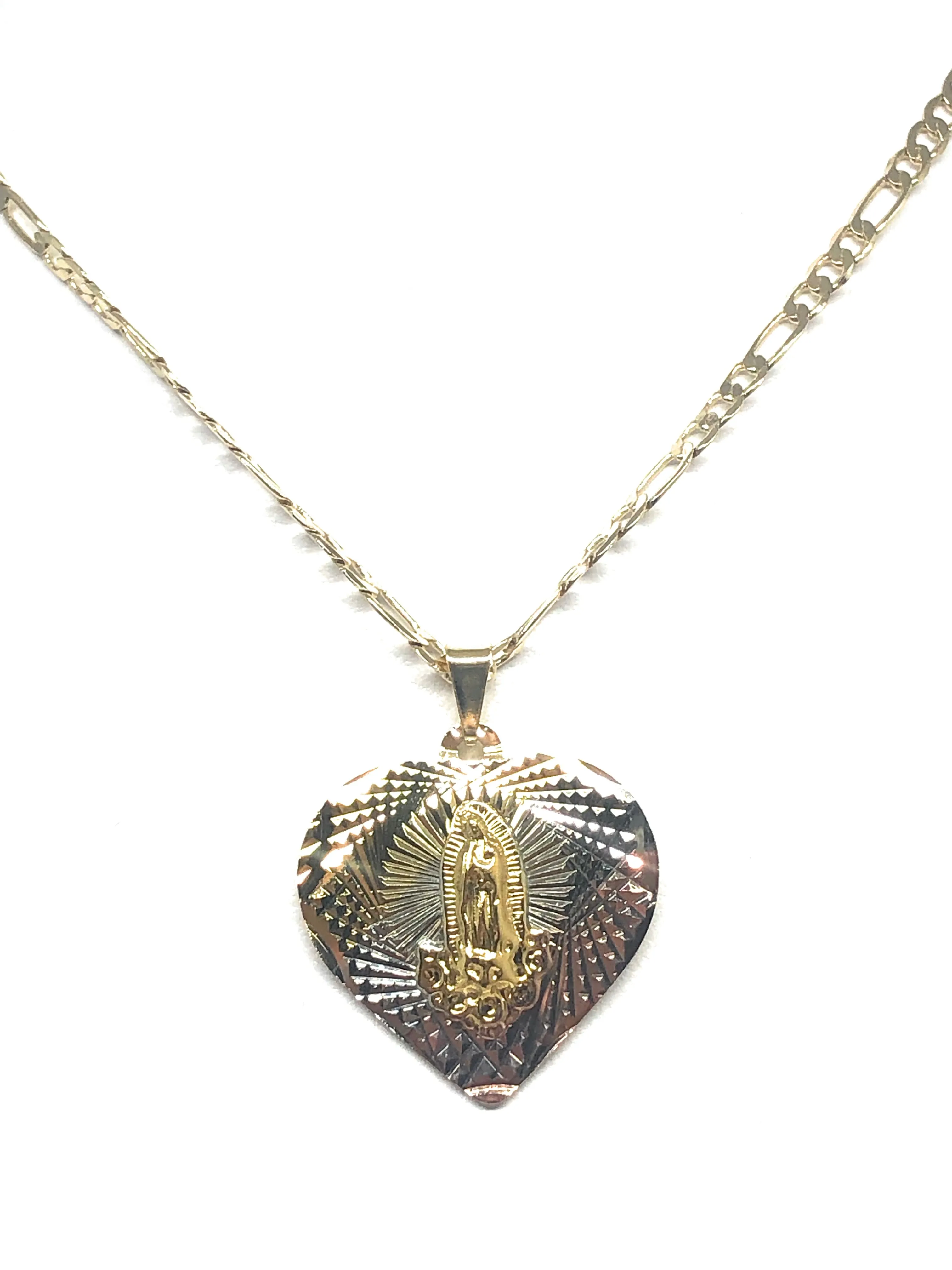 Gold Plated Tri-Color Virgin Mary Laser Cut Heart Pendant Necklace Figaro 24 Virgen de Guadalupe Medalla