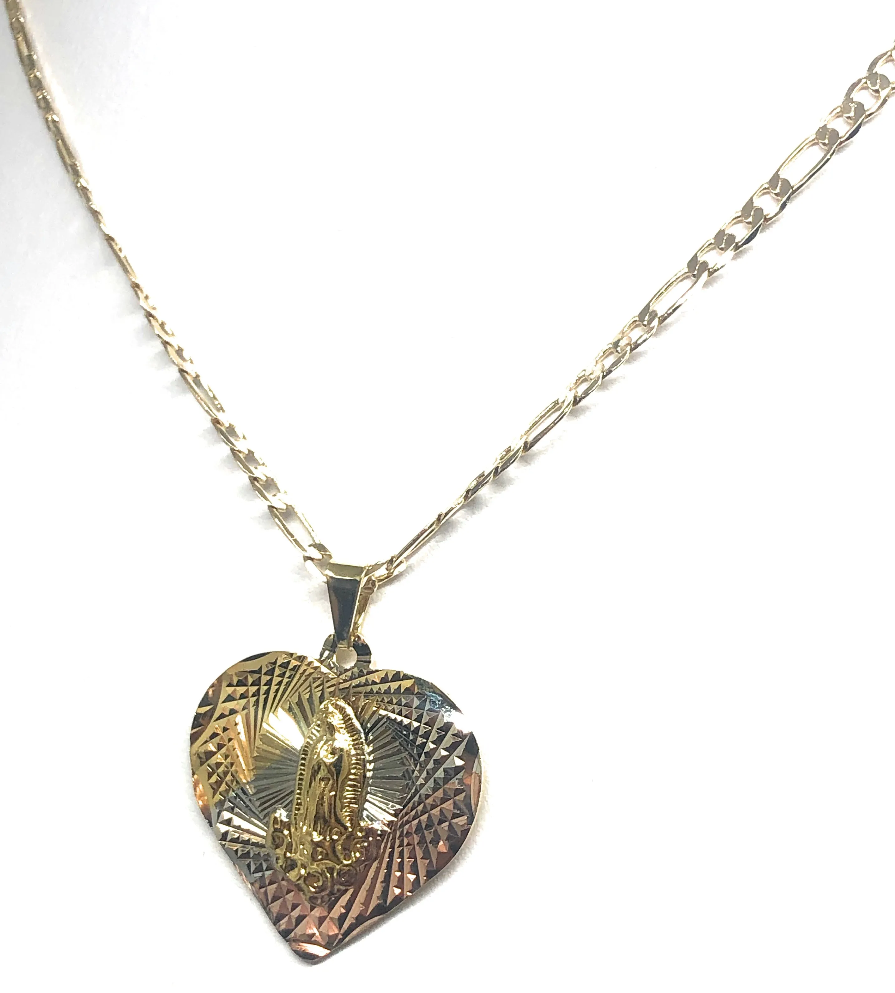 Gold Plated Tri-Color Virgin Mary Laser Cut Heart Pendant Necklace Figaro 24 Virgen de Guadalupe Medalla