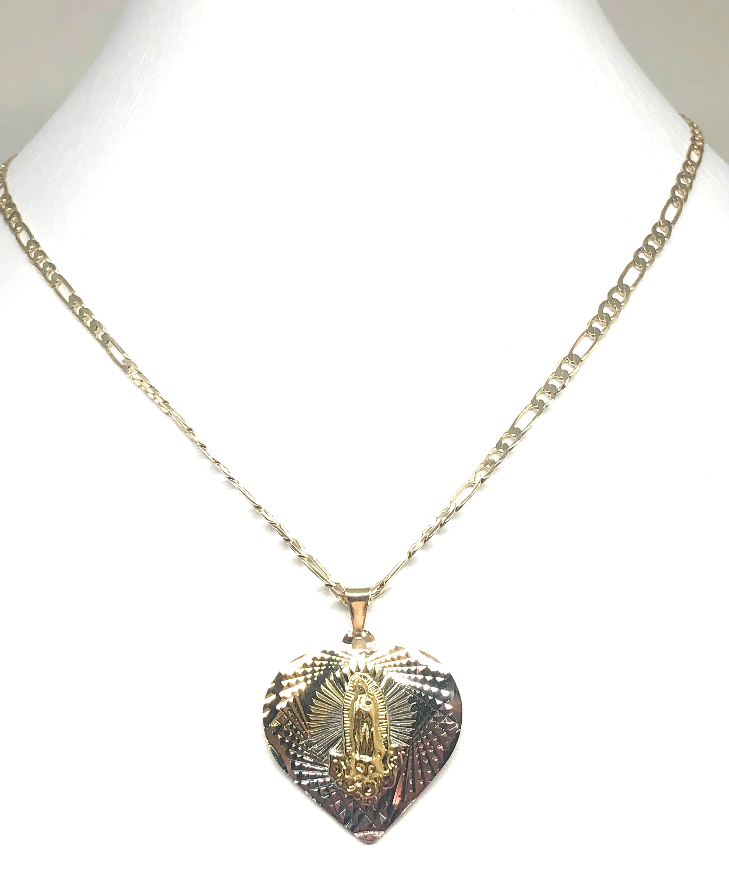 Gold Plated Tri-Color Virgin Mary Laser Cut Heart Pendant Necklace Figaro 24 Virgen de Guadalupe Medalla