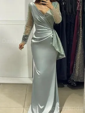 Gorgeous Long Sleeves V-neck Mermaid Satin Evening Prom Dress Online, OL060