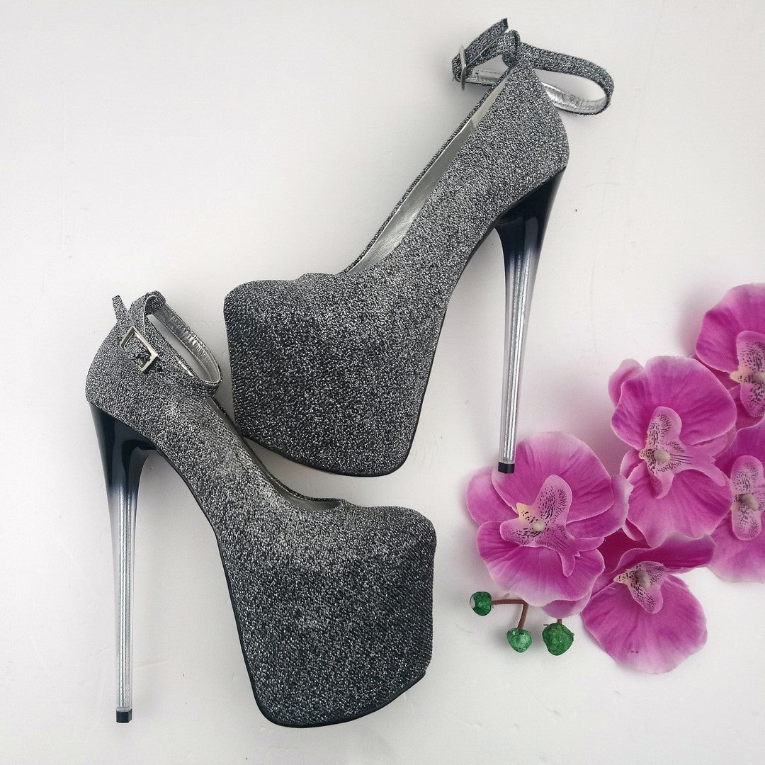 Gray Black Ankle Strap 19 cm Glassy Heel Platforms