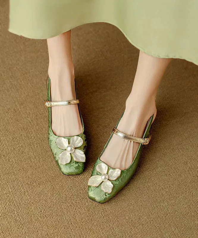 Green Chunky Chinese Style Floral Buckle Strap Splicing Sandals