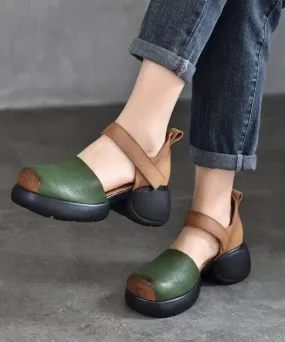 Green Sandals Chunky Cowhide Leather Handmade Splicing Buckle Strap