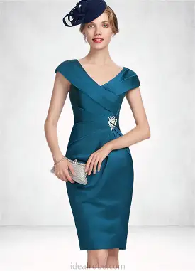 Johanna Sheath/Column V-neck Knee-Length Satin Mother of the Bride Dress With Ruffle Beading STK126P0014631