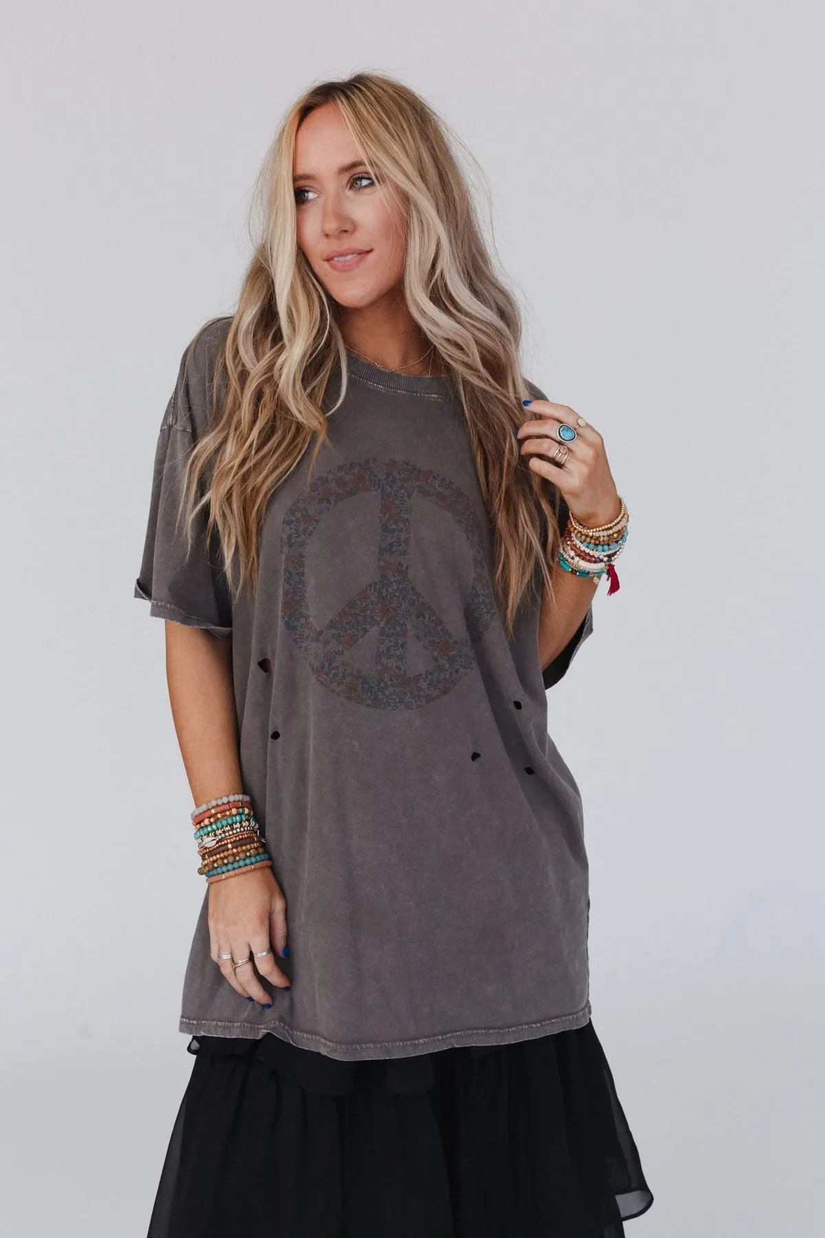 Jude Oversized Peace Sign Graphic Tee - Ash