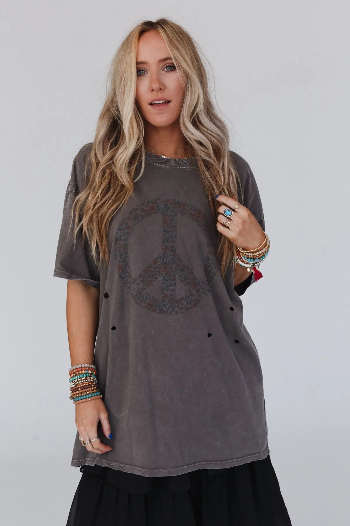 Jude Oversized Peace Sign Graphic Tee - Ash