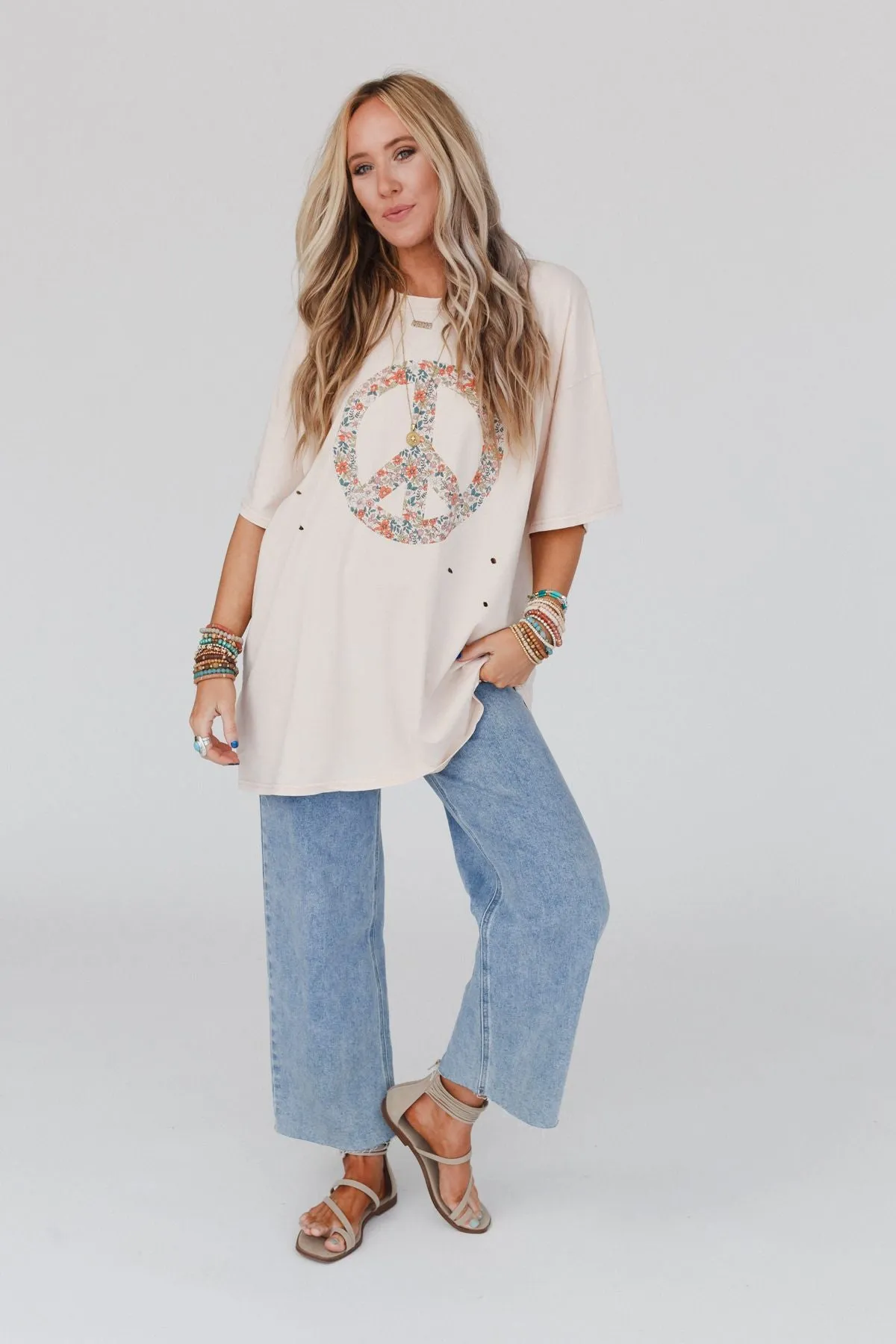 Jude Oversized Peace Sign Graphic Tee - Oatmeal