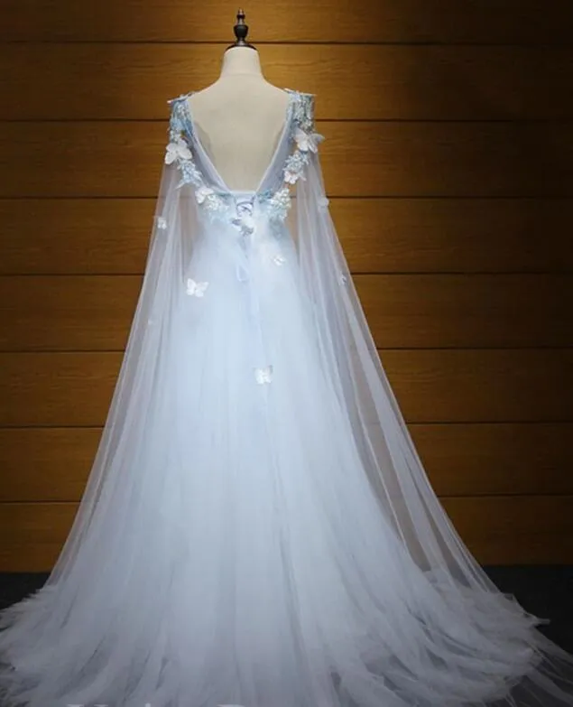 Light Blue Princess V Neck Low Back Tulle Prom Dress, Blue Evening Dress Party Dress