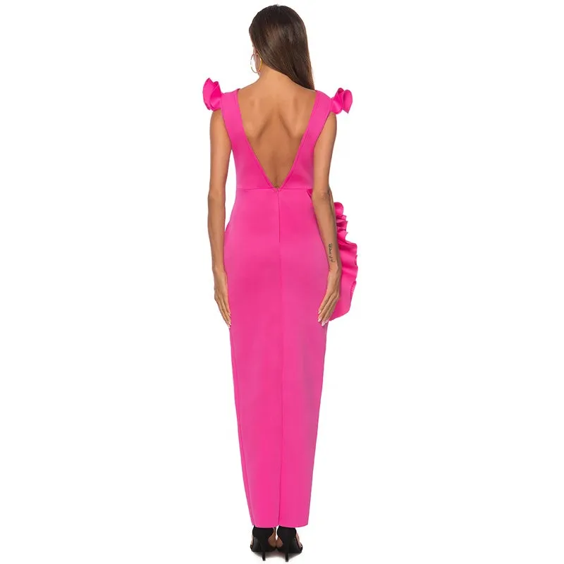 MBluxy Ruffle High Split V Neck Tight Elegant Women Evening Dress