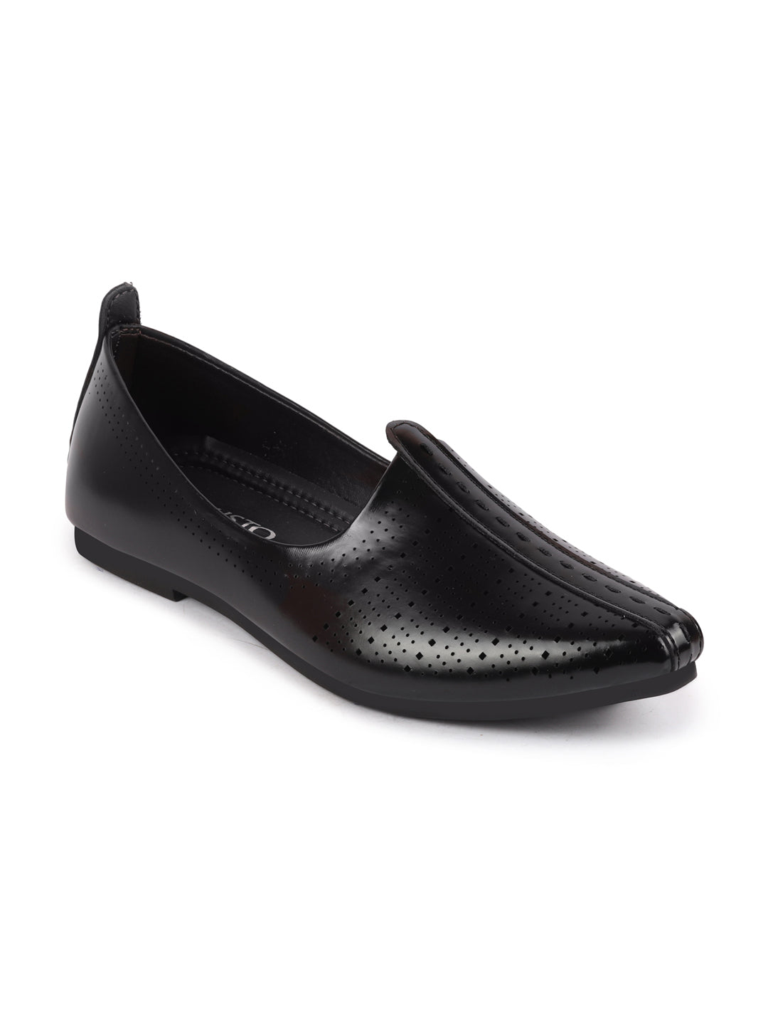 Men Black Laser Cut Design Broad Feet Ethnic Slip On Wedding Juttis and Mojaris