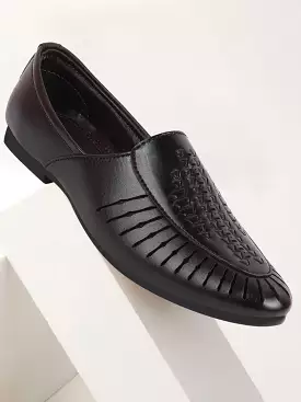 Men Black Laser Cut Design Ethnic Slip On Party Juttis and Mojaris