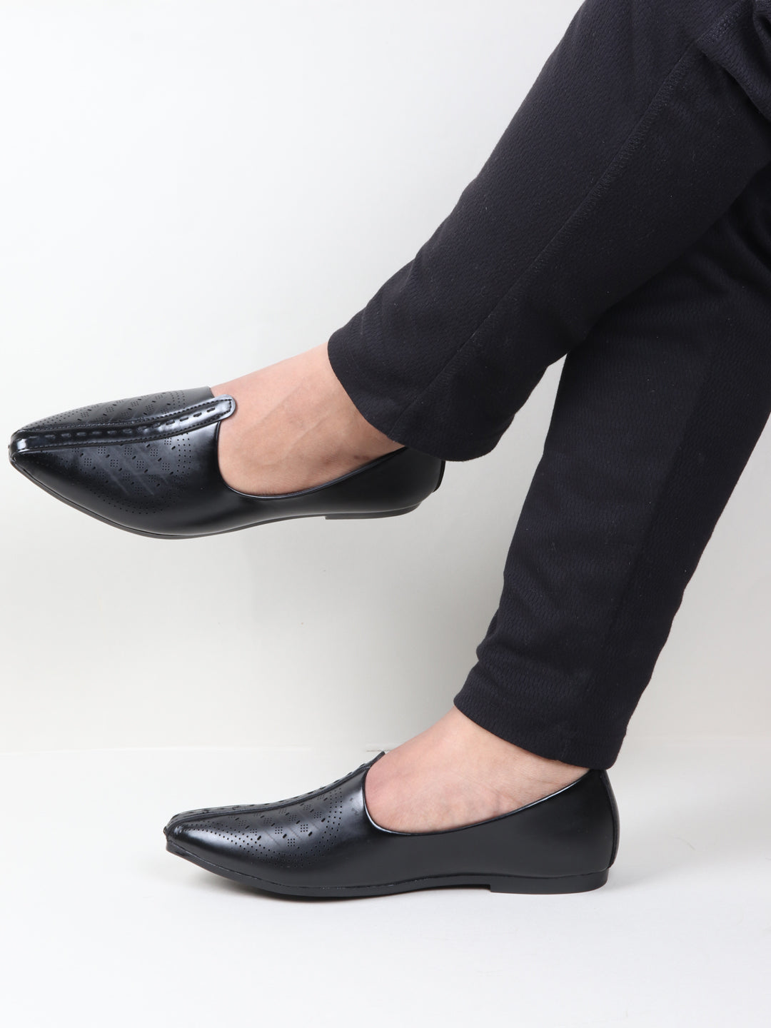 Men Black Laser Cut Design Ethnic Slip On Wedding Juttis and Mojaris