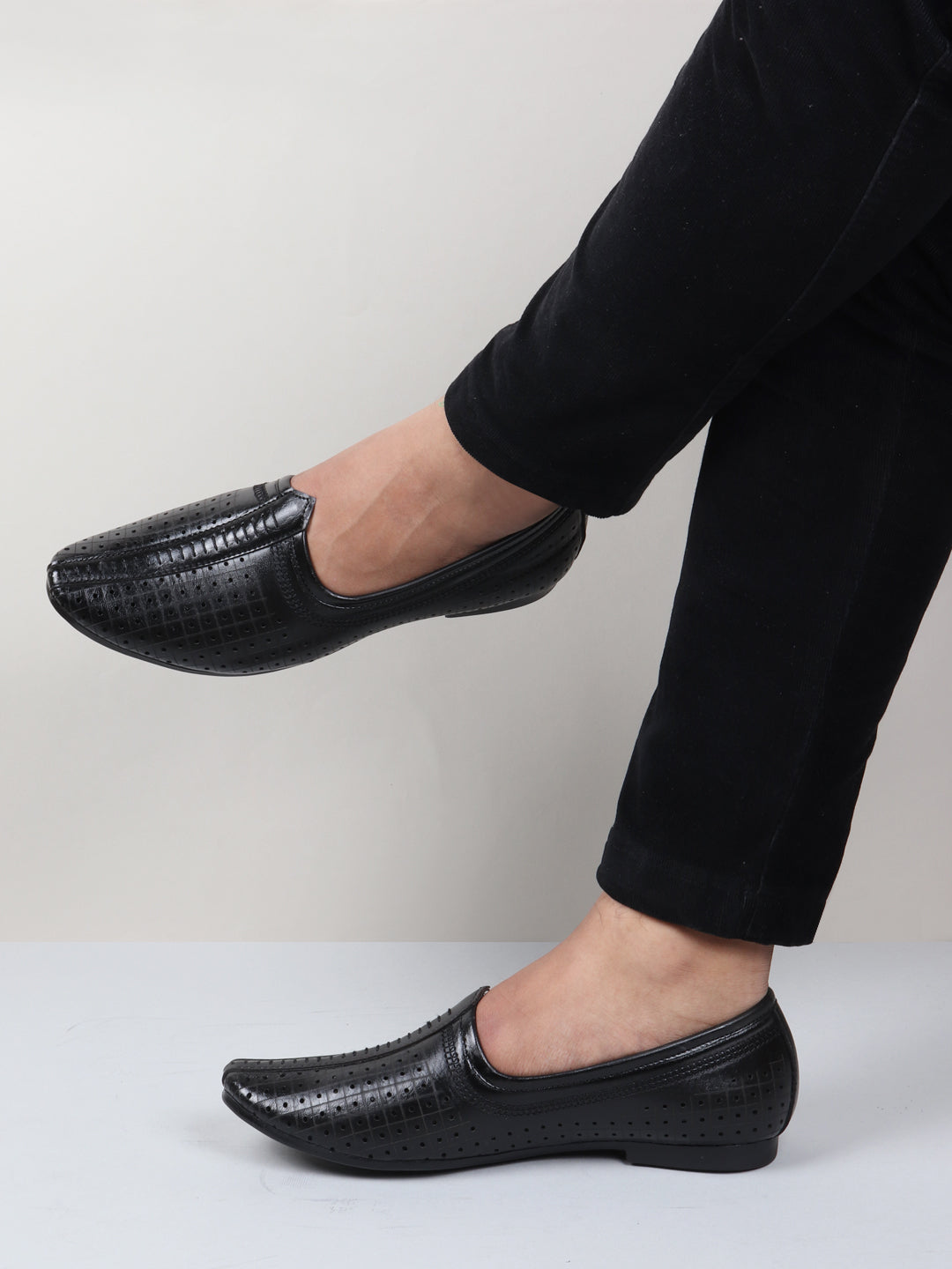 Men Black Laser Cut Design Stitched Ethnic Party Slip On Juttis and Mojaris