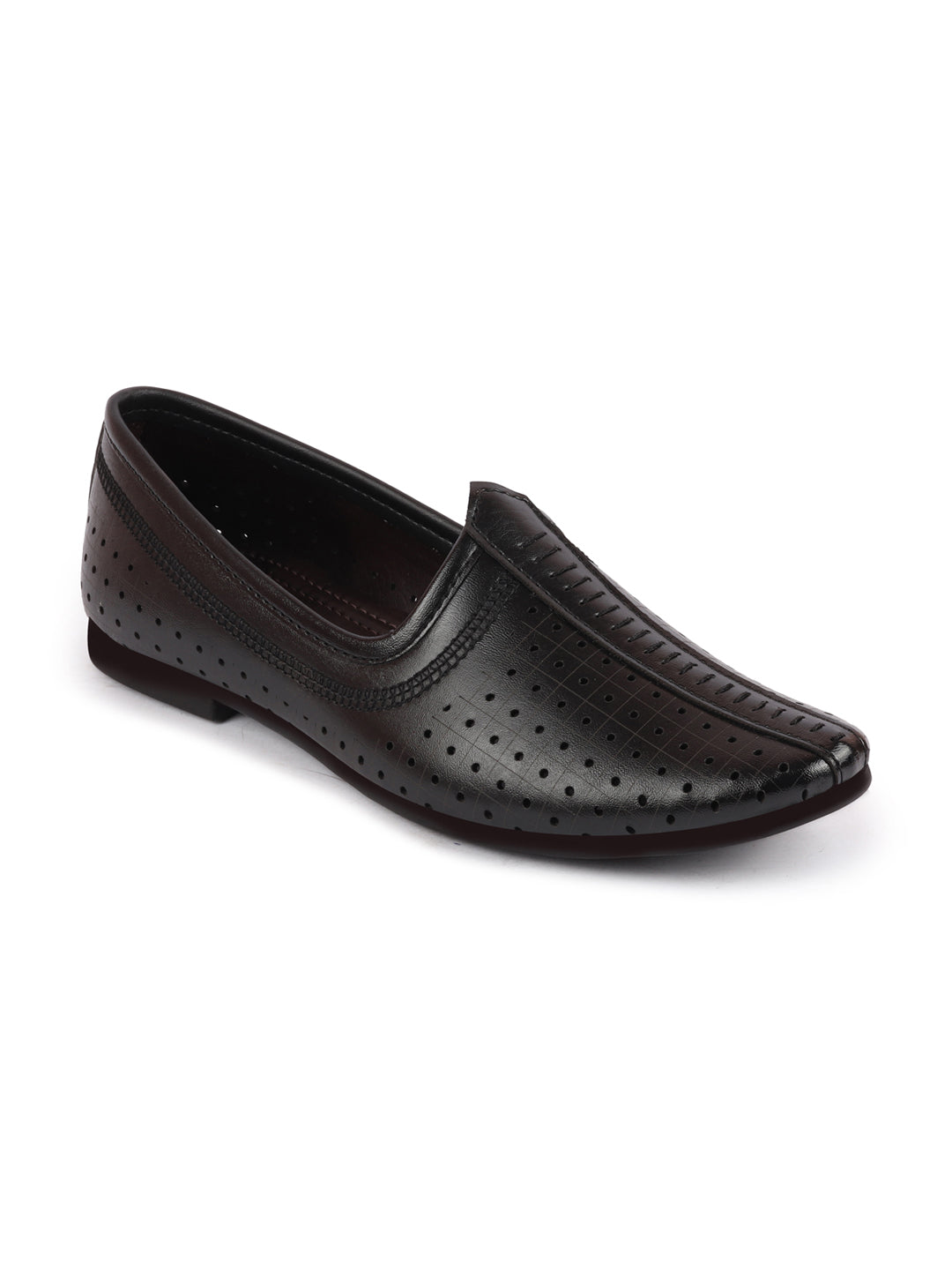 Men Black Laser Cut Design Stitched Ethnic Party Slip On Juttis and Mojaris