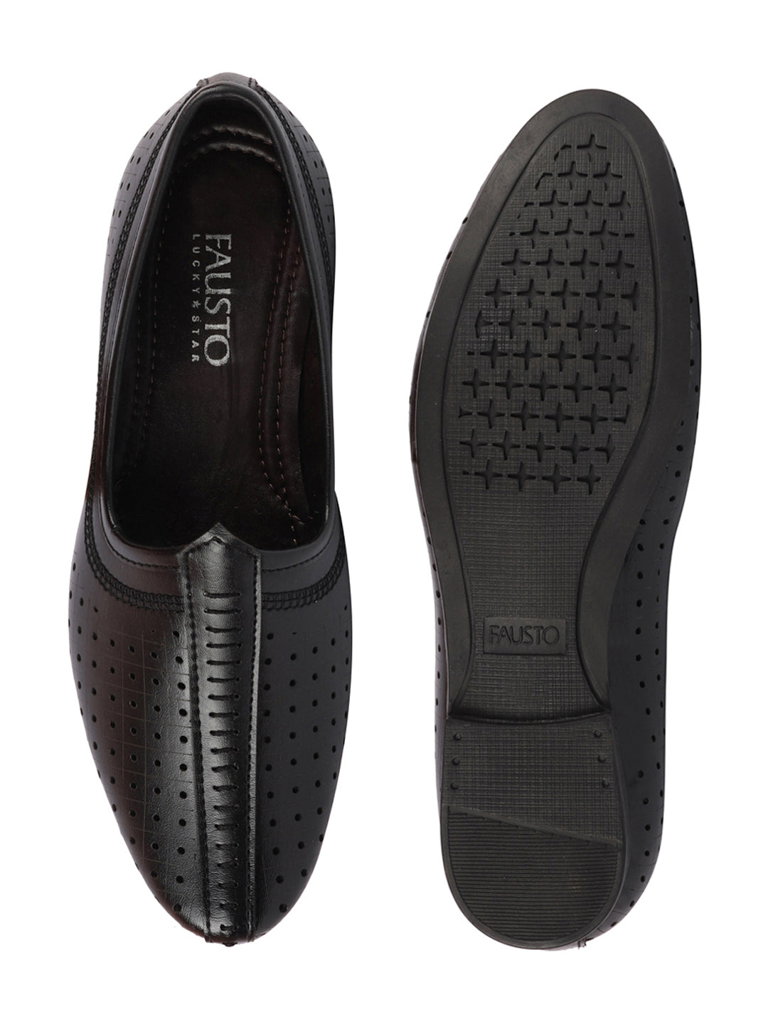 Men Black Laser Cut Design Stitched Ethnic Party Slip On Juttis and Mojaris