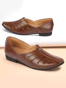 Men Brown Ethnic Wedding Party Laser Cut Design Slip On Juttis and Mojaris