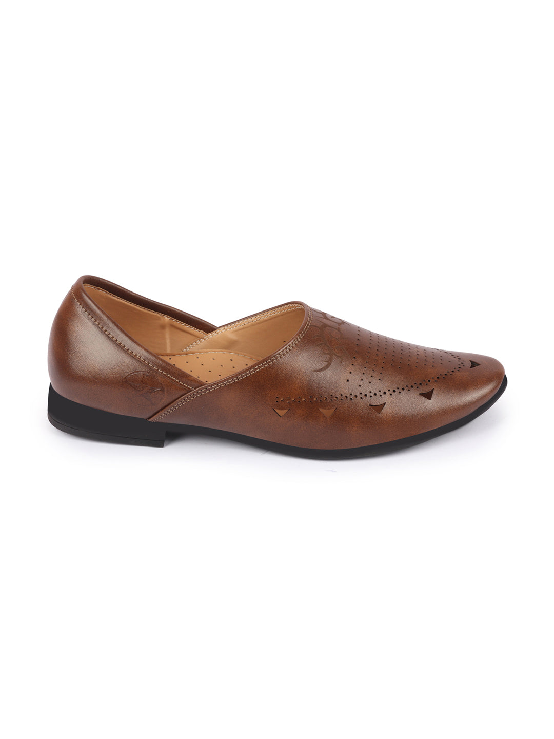 Men Brown Ethnic Wedding Party Laser Cut Perforated Design Slip On Juttis and Mojaris