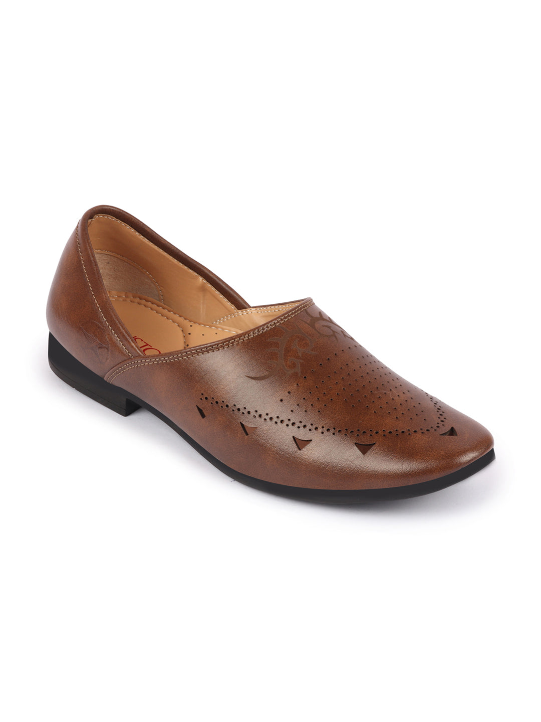 Men Brown Ethnic Wedding Party Laser Cut Perforated Design Slip On Juttis and Mojaris