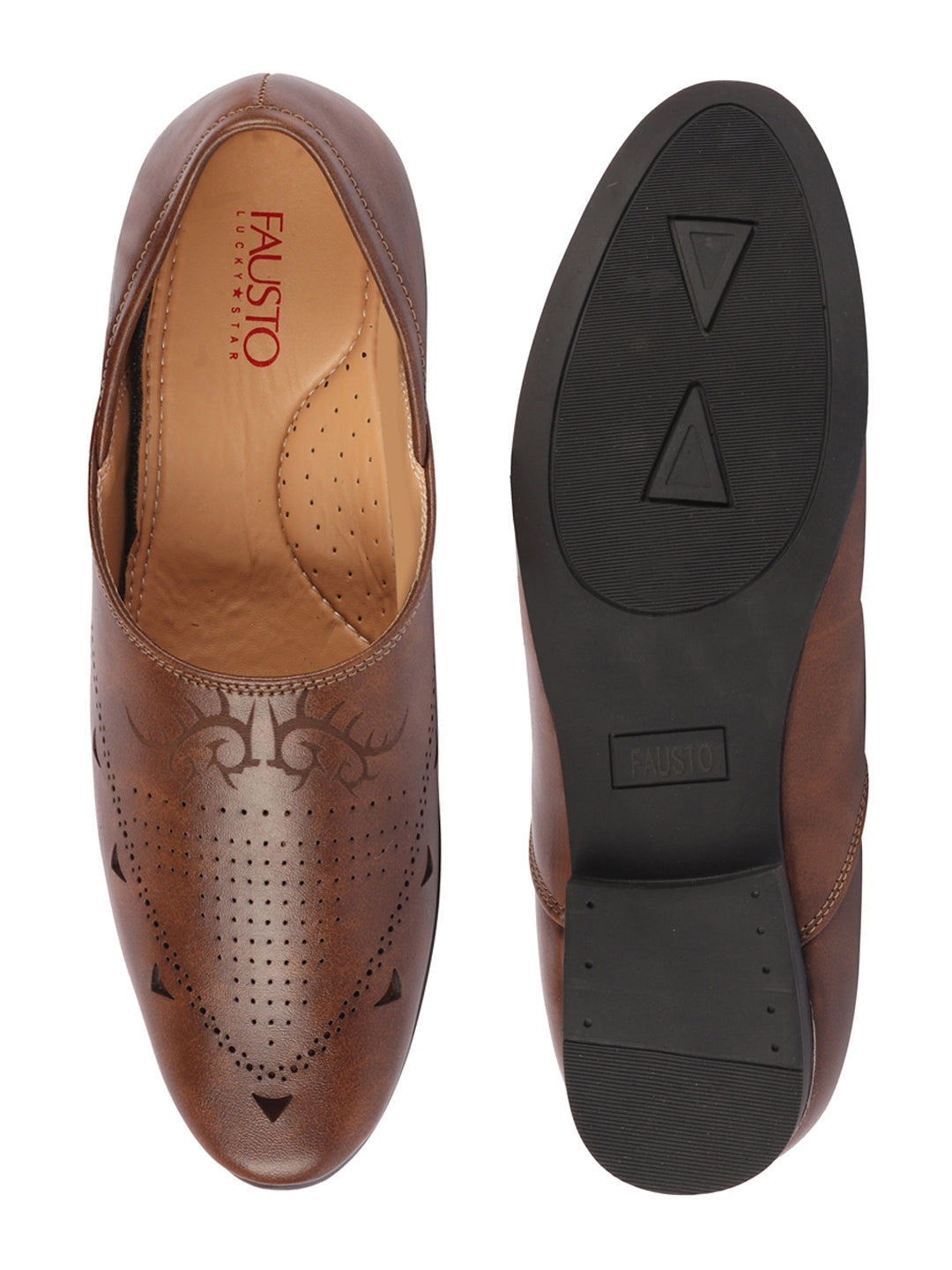 Men Brown Ethnic Wedding Party Laser Cut Perforated Design Slip On Juttis and Mojaris