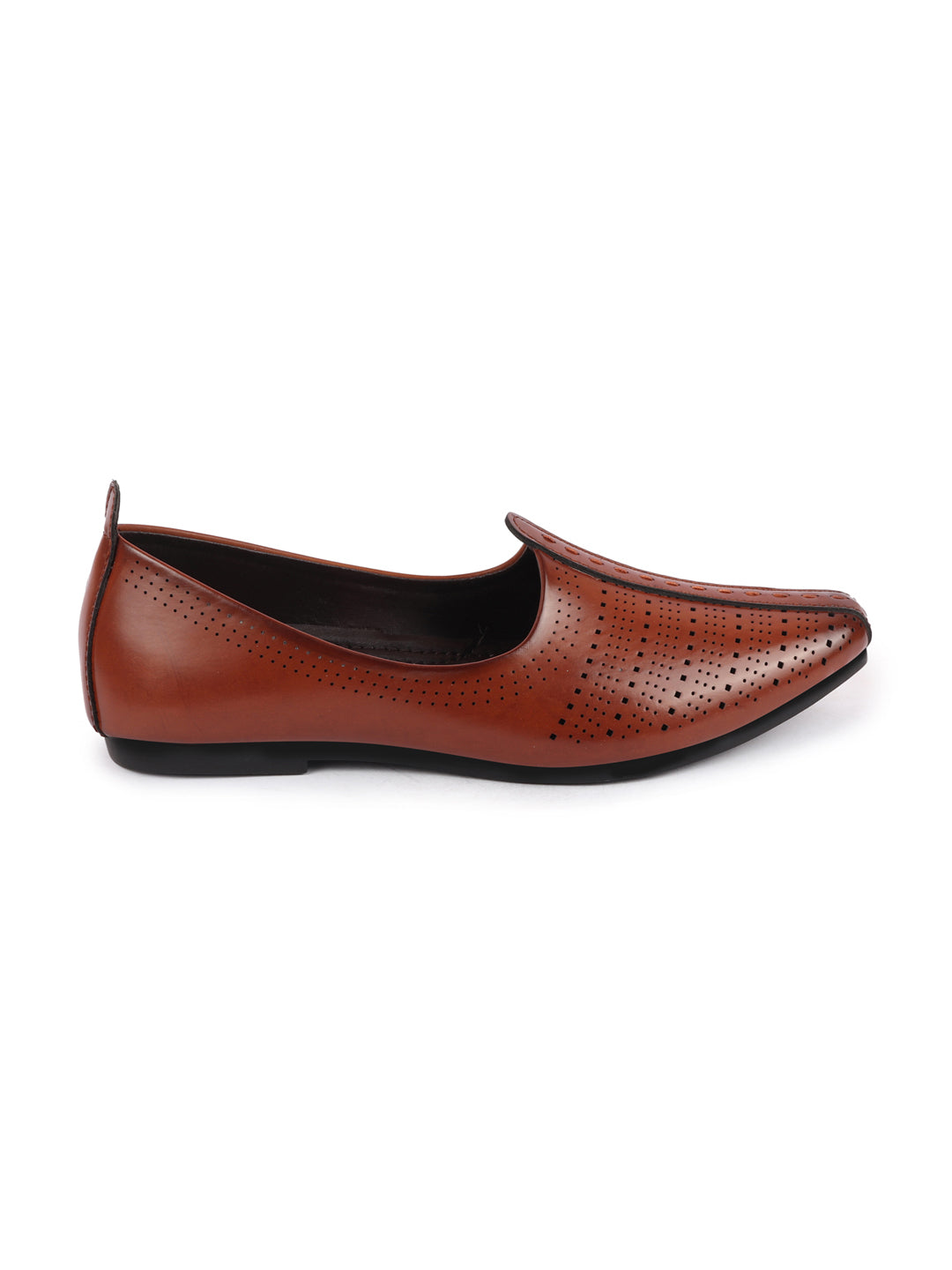 Men Brown Laser Cut Design Broad Feet Ethnic Slip On Wedding Juttis and Mojaris