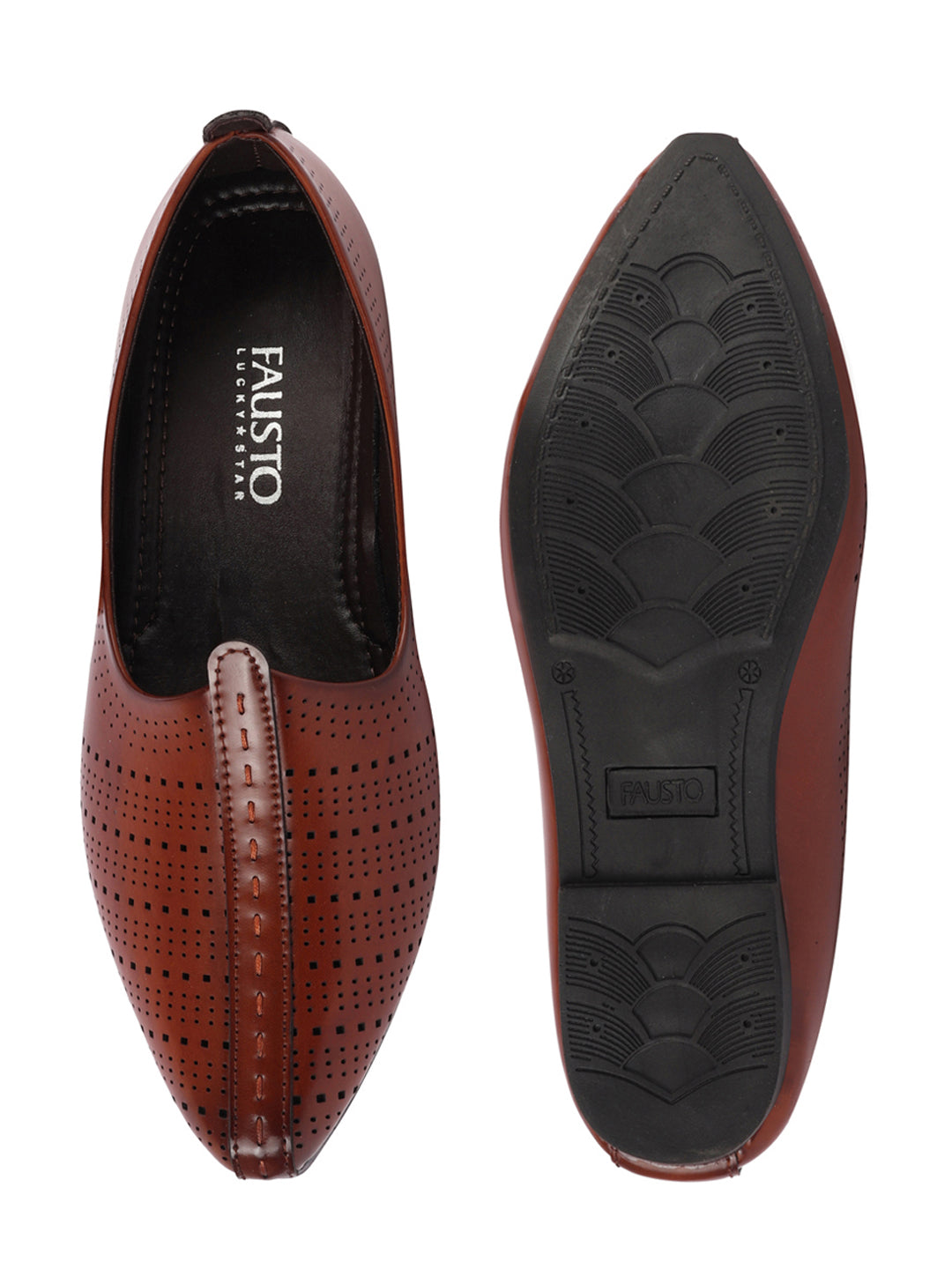 Men Brown Laser Cut Design Broad Feet Ethnic Slip On Wedding Juttis and Mojaris