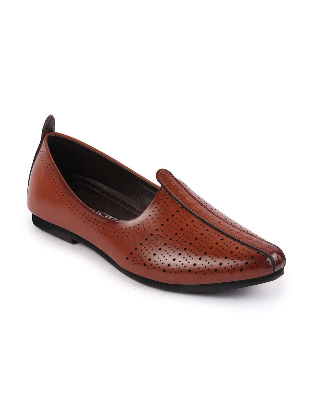 Men Brown Laser Cut Design Broad Feet Ethnic Slip On Wedding Juttis and Mojaris