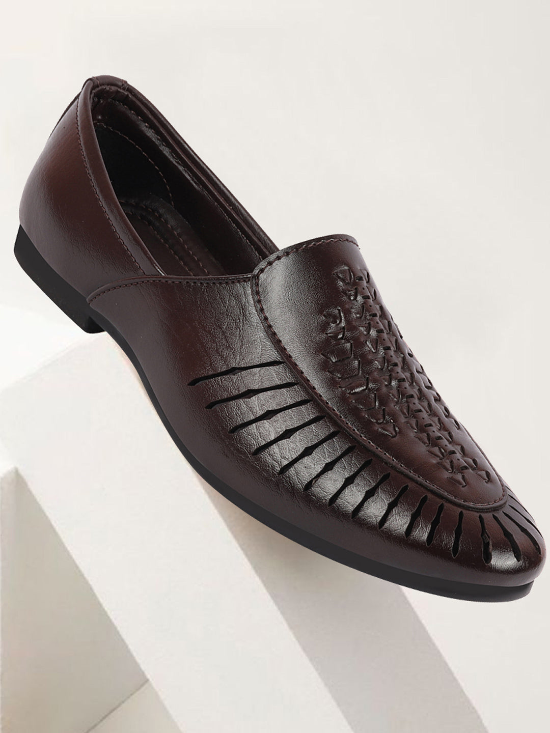 Men Brown Laser Cut Design Ethnic Slip On Party Juttis and Mojaris