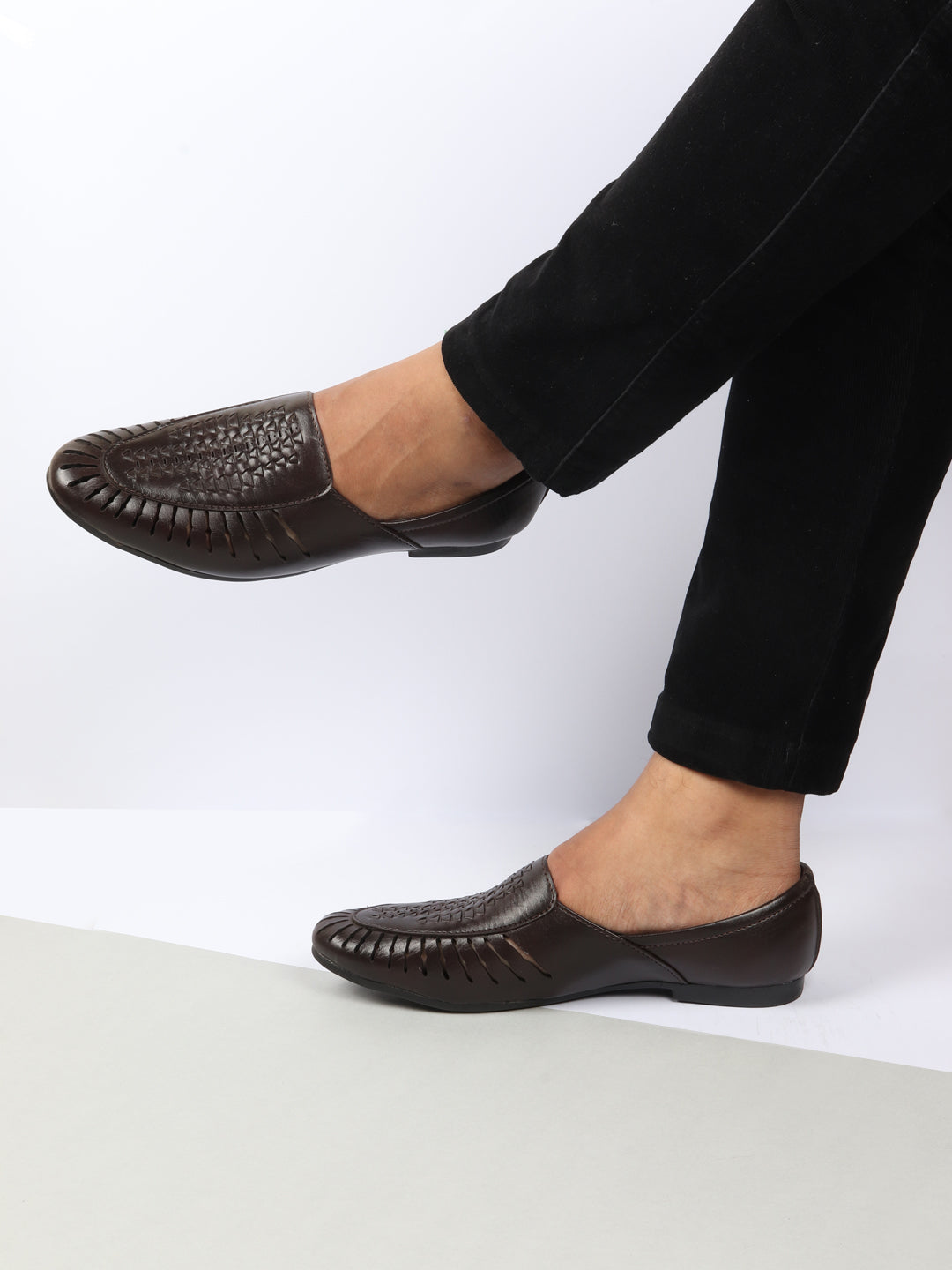 Men Brown Laser Cut Design Ethnic Slip On Party Juttis and Mojaris