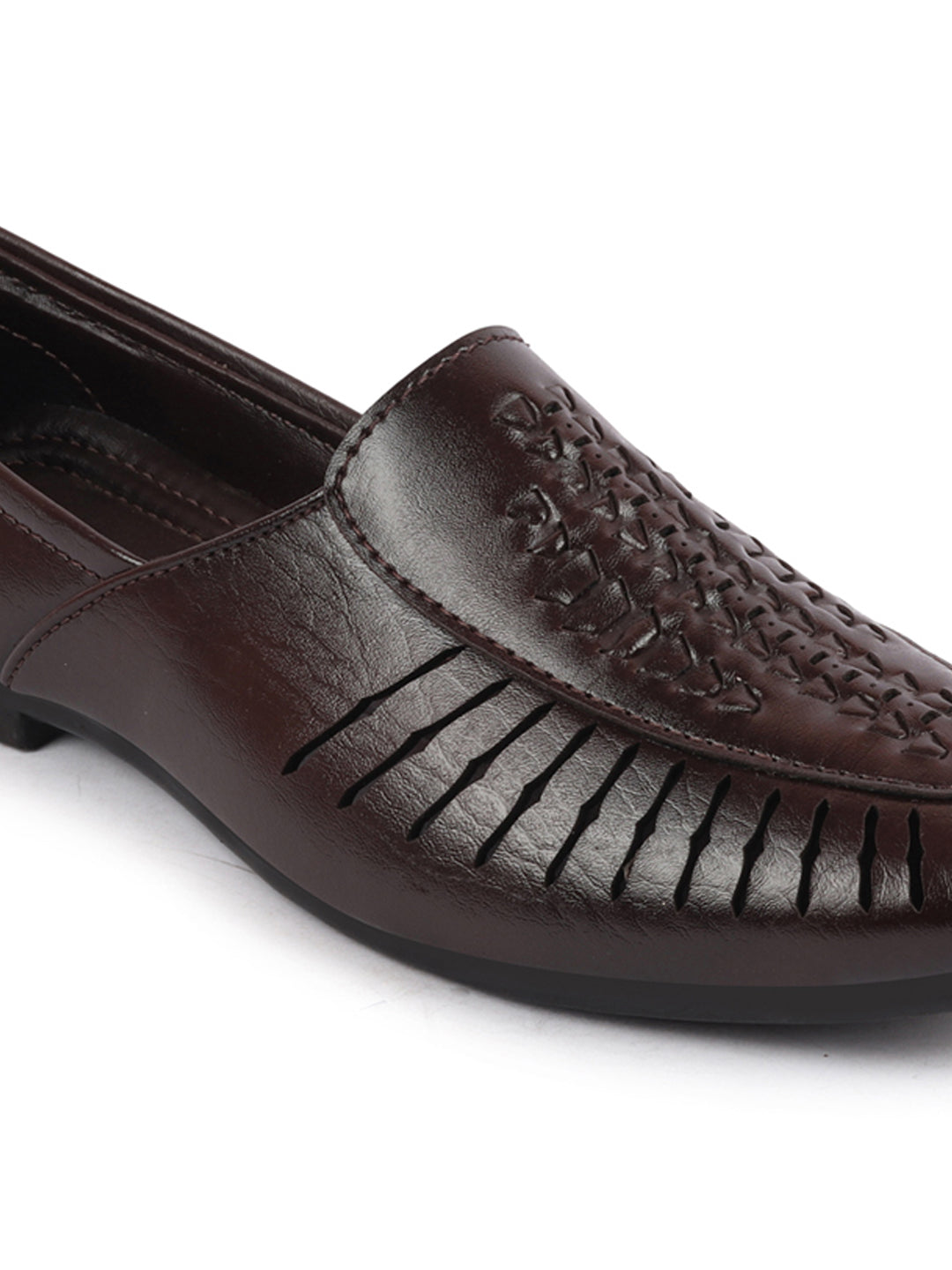 Men Brown Laser Cut Design Ethnic Slip On Party Juttis and Mojaris