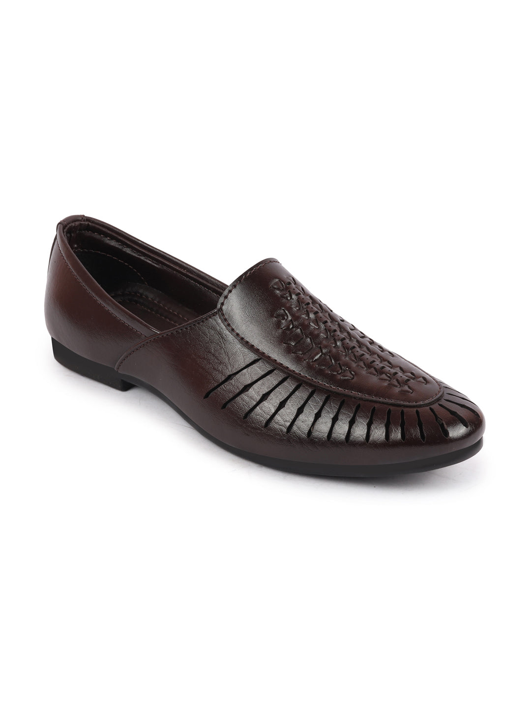 Men Brown Laser Cut Design Ethnic Slip On Party Juttis and Mojaris