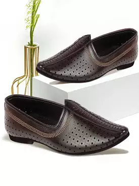 Men Brown Laser Cut Design Stitched Ethnic Party Slip On Juttis and Mojaris