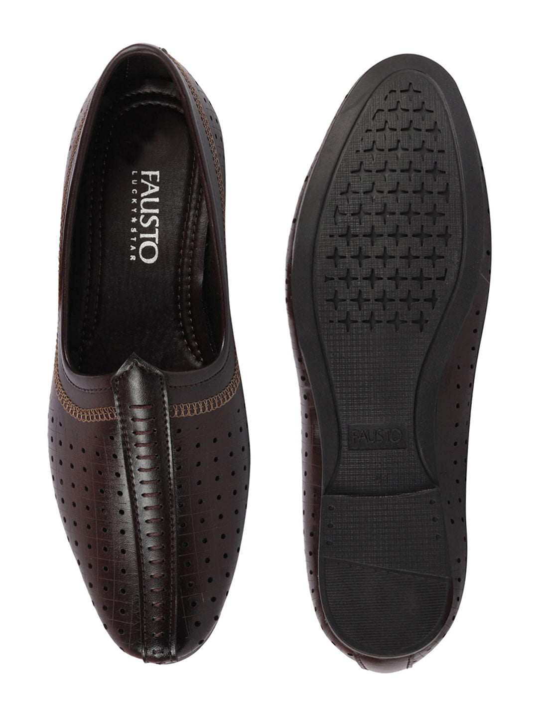 Men Brown Laser Cut Design Stitched Ethnic Party Slip On Juttis and Mojaris