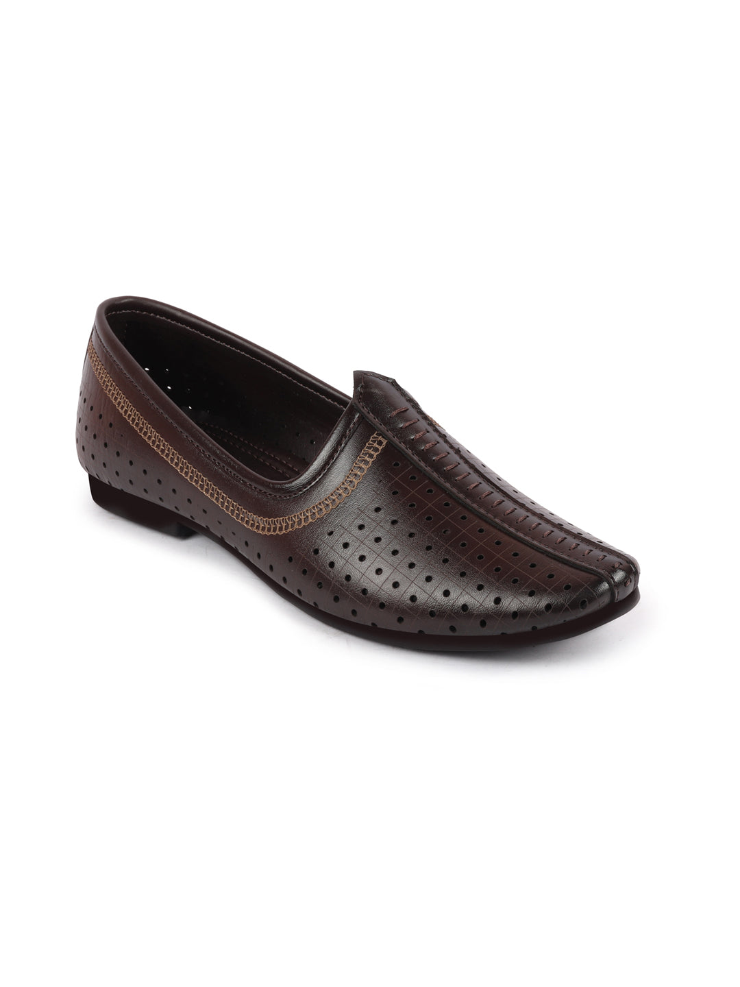 Men Brown Laser Cut Design Stitched Ethnic Party Slip On Juttis and Mojaris