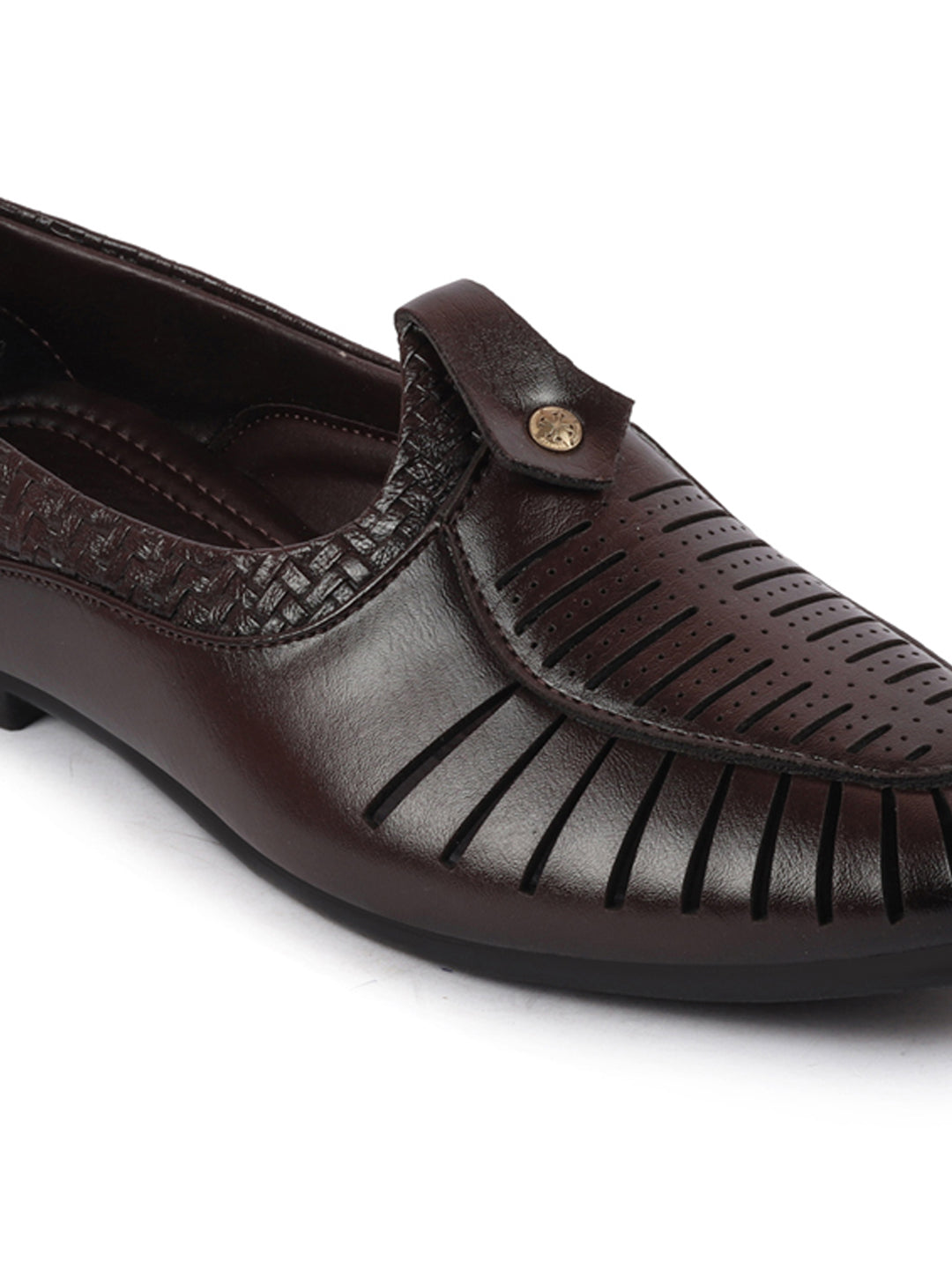 Men Brown Laser Cut Knitted Design Ethnic Wedding Slip On Juttis and Mojaris