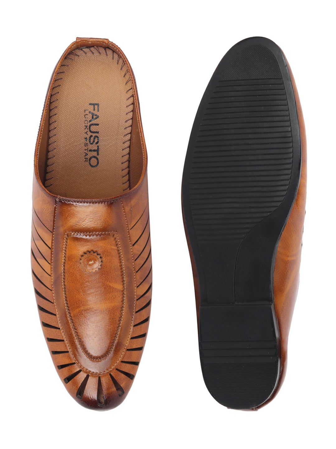 Men Tan Back Open Laser Cut Ethnic Juttis & Mojaris