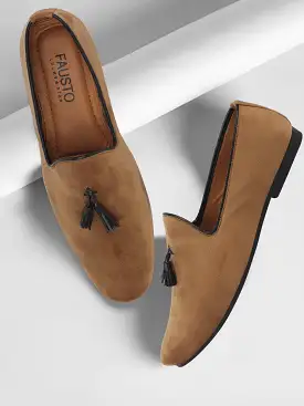 Men Tan Casual Velvet Slip-On Loafers