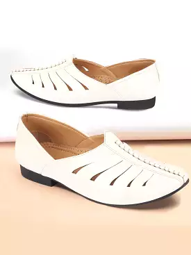 Men White Ethnic Wedding Party Laser Cut Design Slip On Juttis and Mojaris