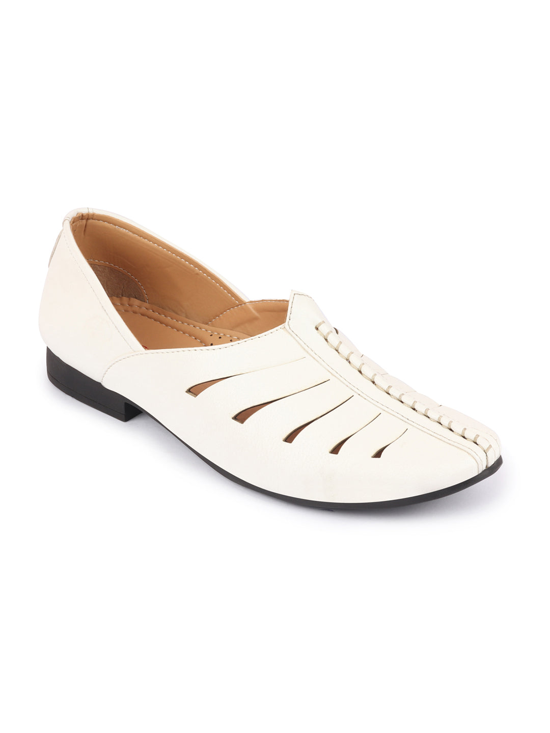 Men White Ethnic Wedding Party Laser Cut Design Slip On Juttis and Mojaris