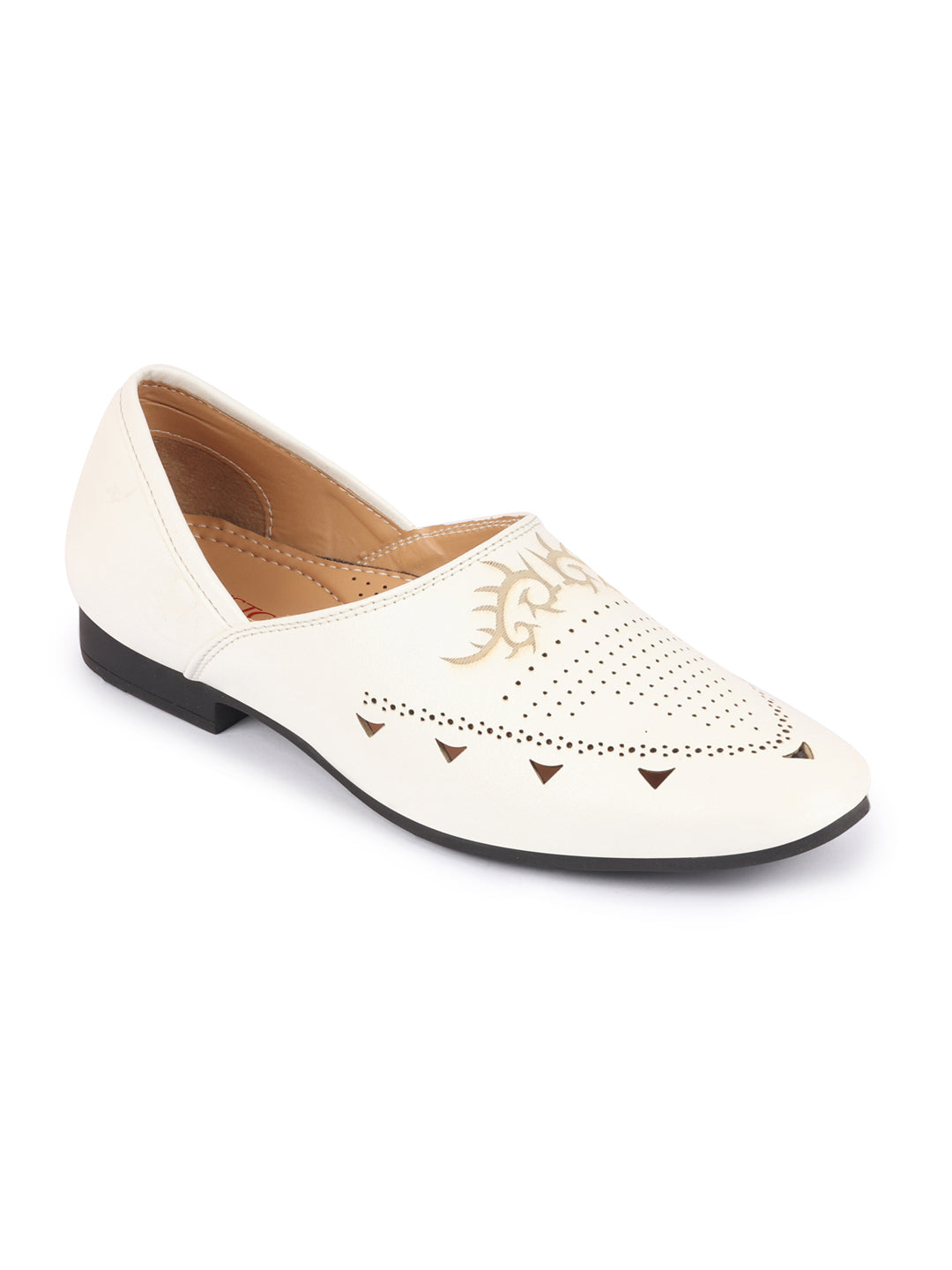 Men White Ethnic Wedding Party Laser Cut Perforated Design Slip On Juttis and Mojaris