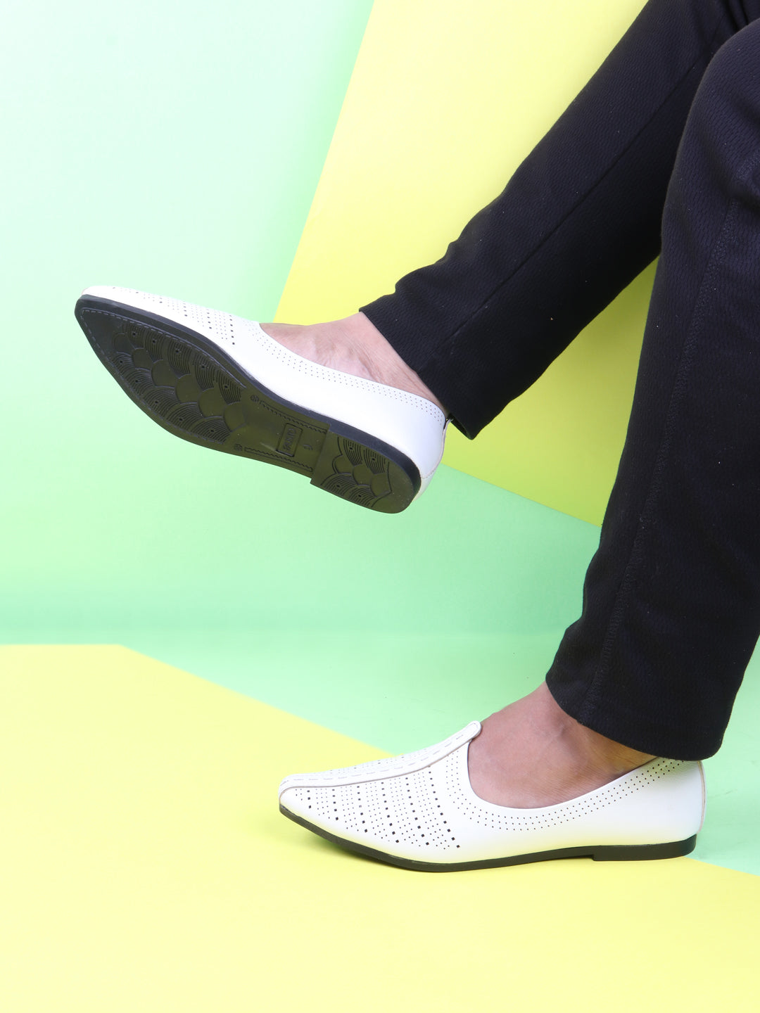 Men White Laser Cut Design Broad Feet Ethnic Slip On Wedding Juttis and Mojaris