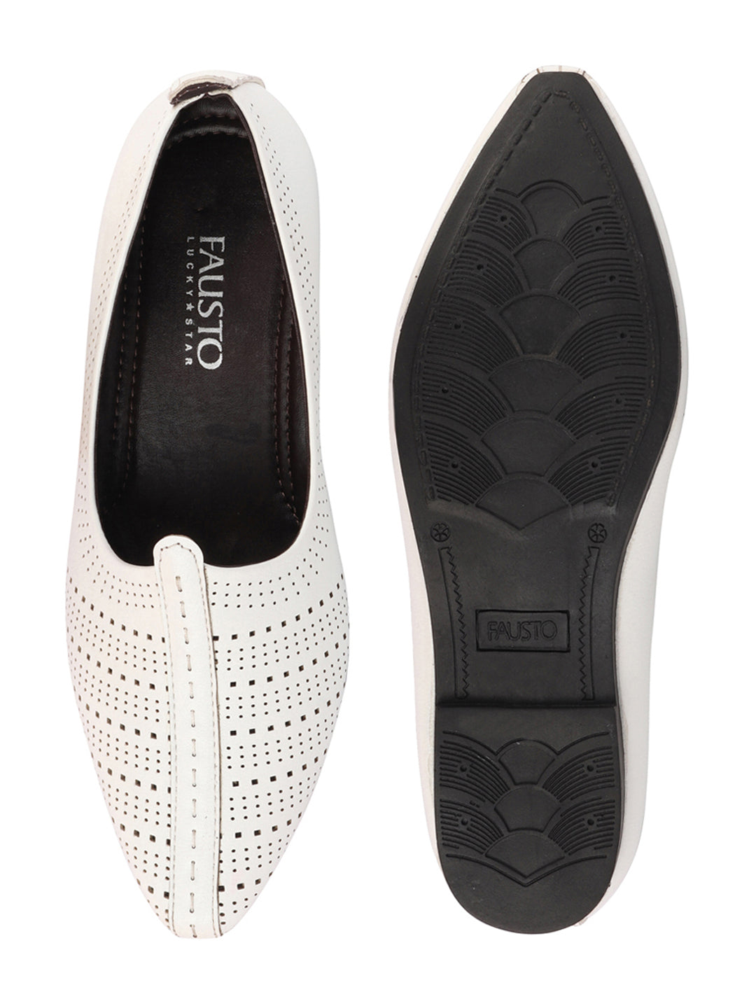 Men White Laser Cut Design Broad Feet Ethnic Slip On Wedding Juttis and Mojaris