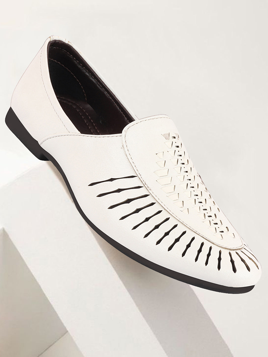 Men White Laser Cut Design Ethnic Slip On Party Juttis and Mojaris