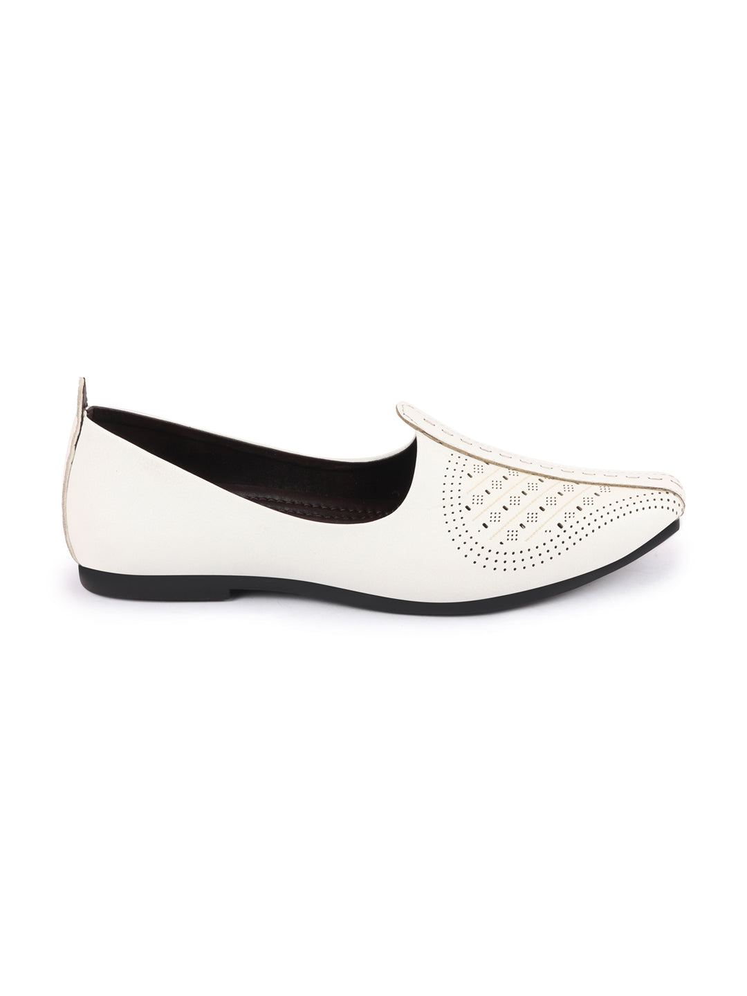 Men White Laser Cut Design Ethnic Slip On Wedding Juttis and Mojaris