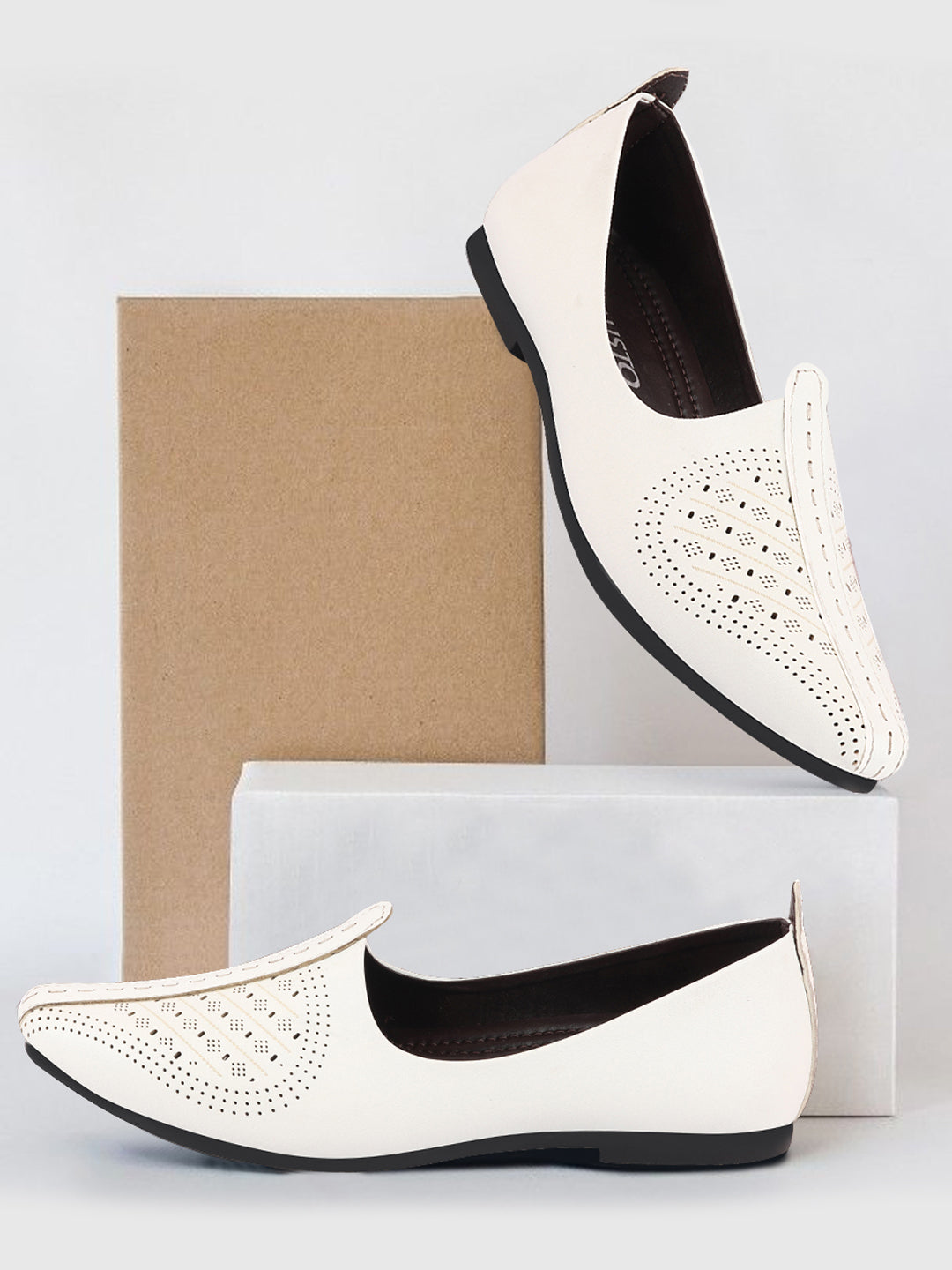 Men White Laser Cut Design Ethnic Slip On Wedding Juttis and Mojaris