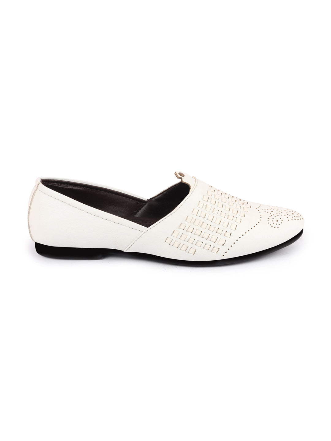 Men White Laser Cut Knitted Design Ethnic Wedding Broad Feet Slip On Juttis and Mojaris