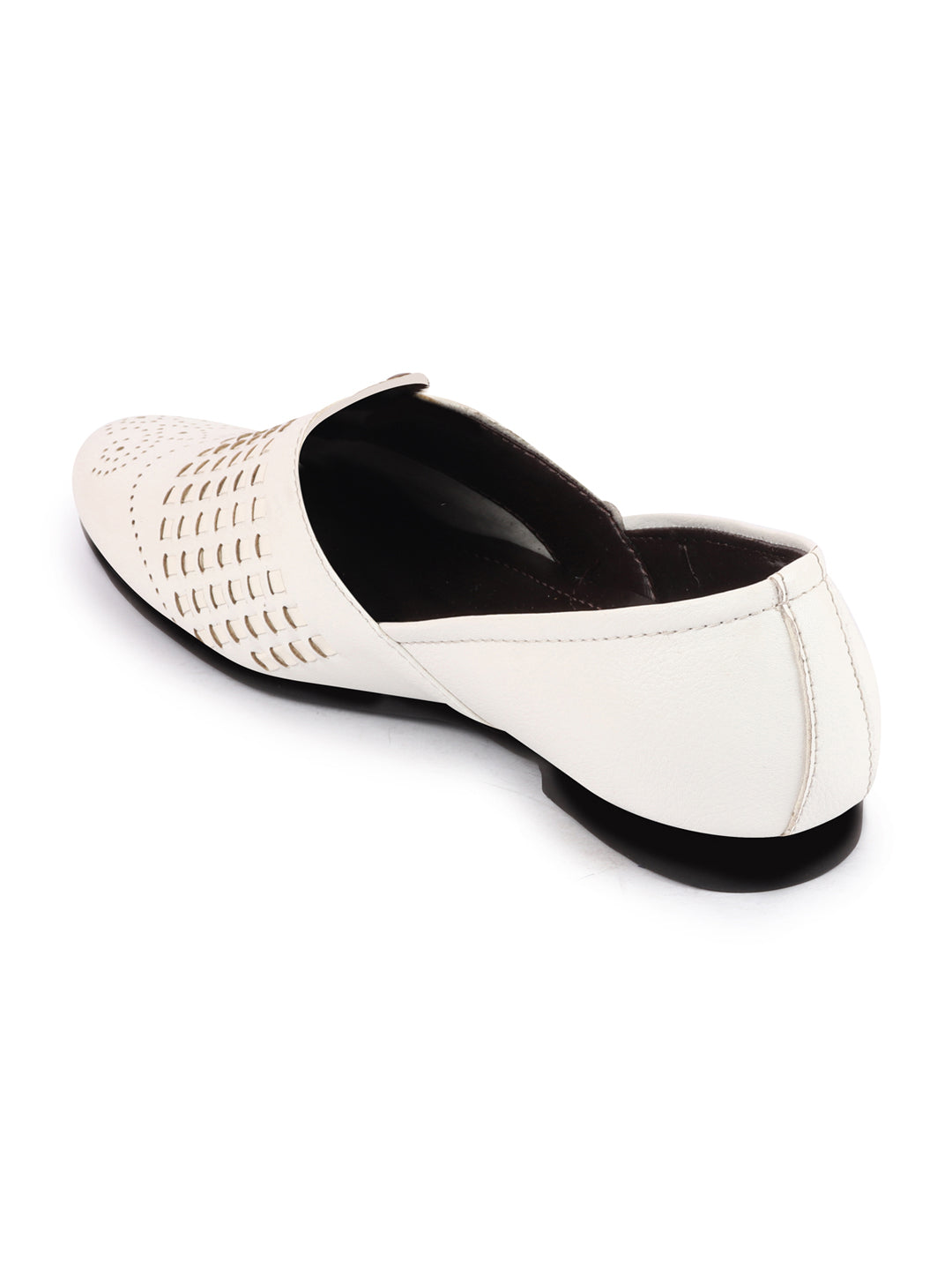 Men White Laser Cut Knitted Design Ethnic Wedding Broad Feet Slip On Juttis and Mojaris